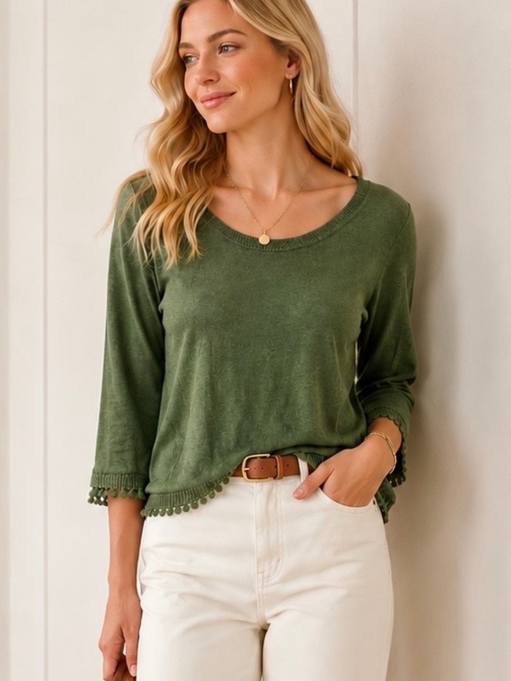 J Crew Green Linen Sweater with Pom Pom Trim Size XS
